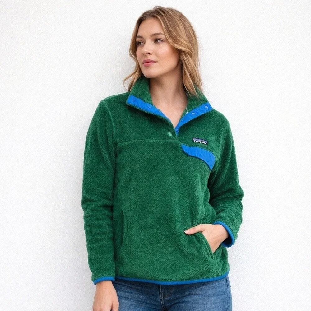 Patagonia Re-Tool Snap-T Fleece Forest Green Blue Trim Cozy Pullover Size Small